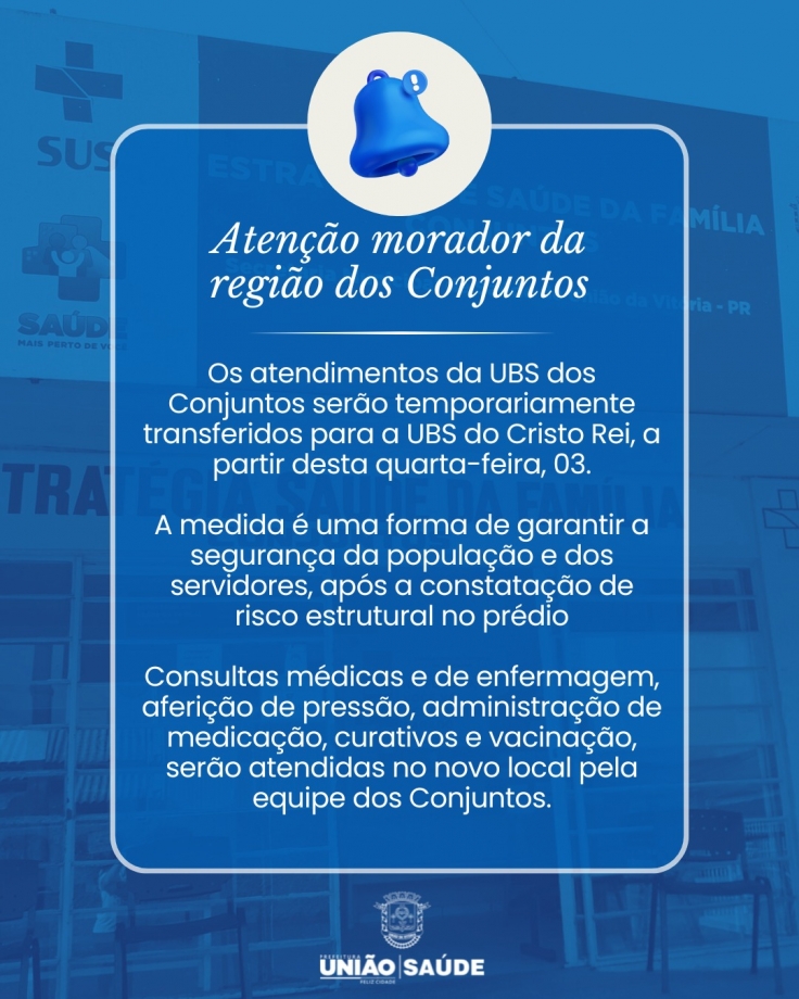 UBS dos Conjuntos terá atendimento temporariamente transferido para a UBS Cristo Rei