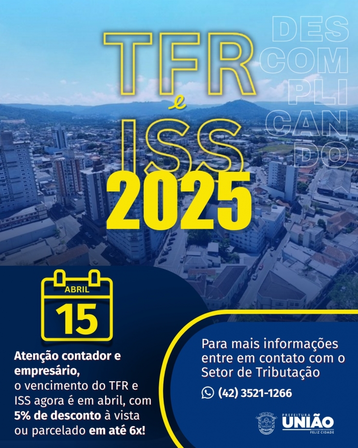 Prazo para pagamento do ISS Fixo e TFR passa a ser 15 de abril em União da Vitória