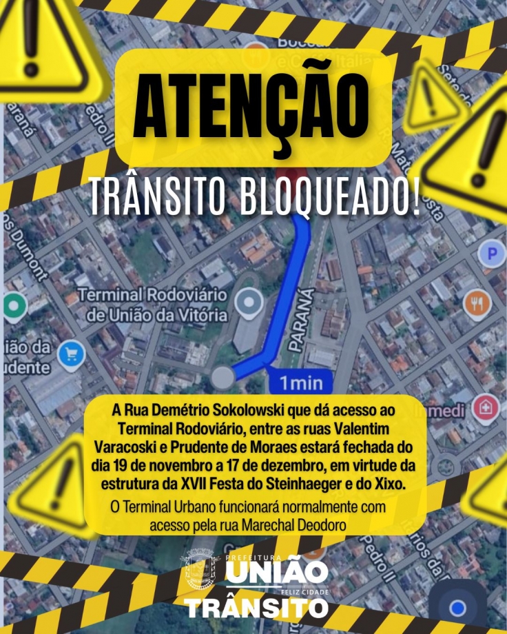 Acesso e estacionamento do Terminal Rodoviário de União da Vitória estarão bloqueados a partir desta quarta-feira, 19