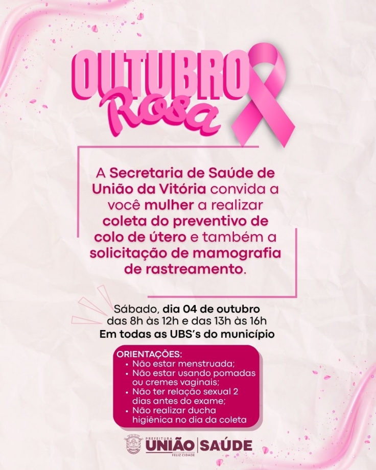 Dia D da Saúde da Mulher será neste sábado, 04, em todas as UBS´s de União da Vitória