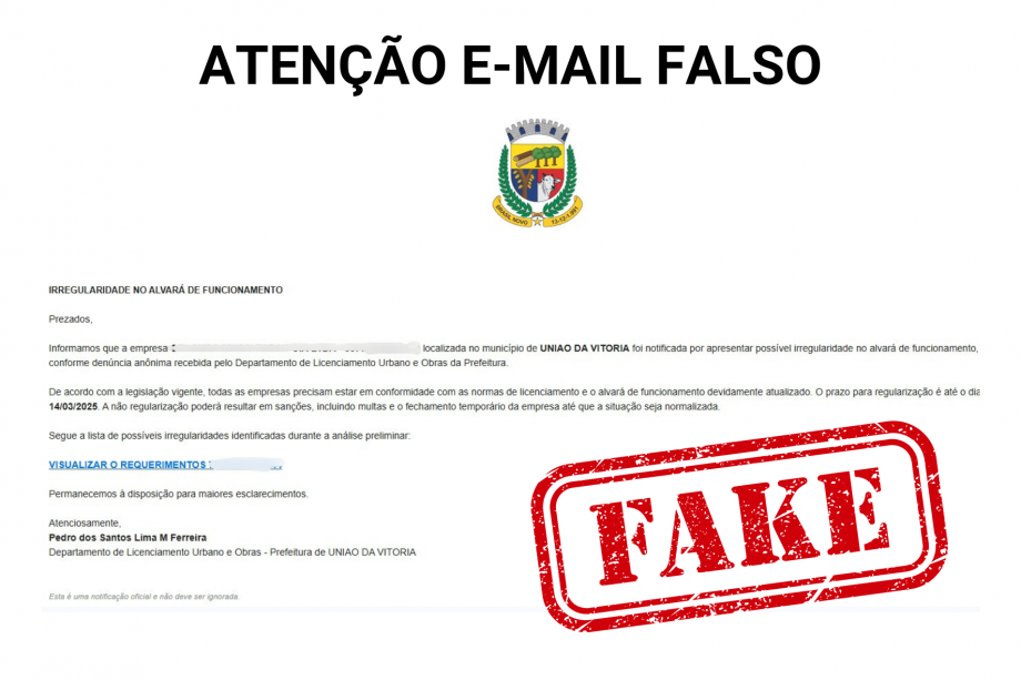 Prefeitura de União da Vitória alerta sobre golpe de e-mail falso sobre Alvará de Funcionamento