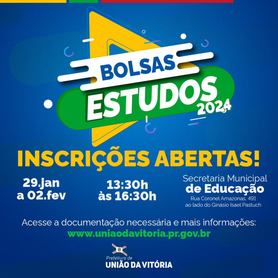 MUNICÍPIO DE UNIÃO DA VITÓRIA ABRE INSCRIÇÕES PARA CONCESSÃO DE BOLSA DE ESTUDOS EM 2024